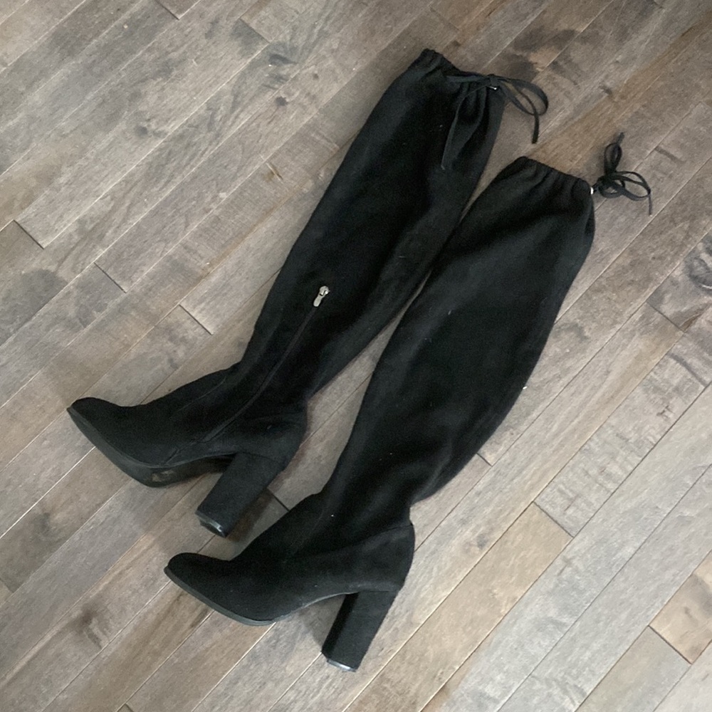 Black Faux Suede Over The Knee Block Heel Boots